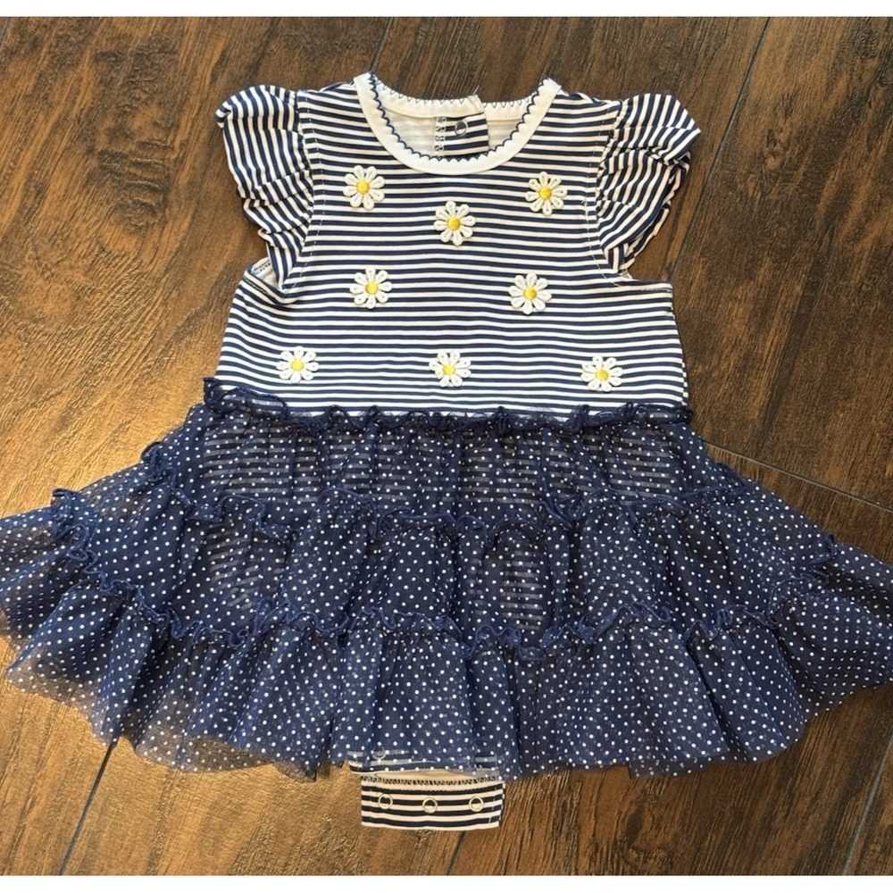 Little Me Baby Girl Navy White Striped Daisy Tutu Bodysuit Dress 6M Polka Dot